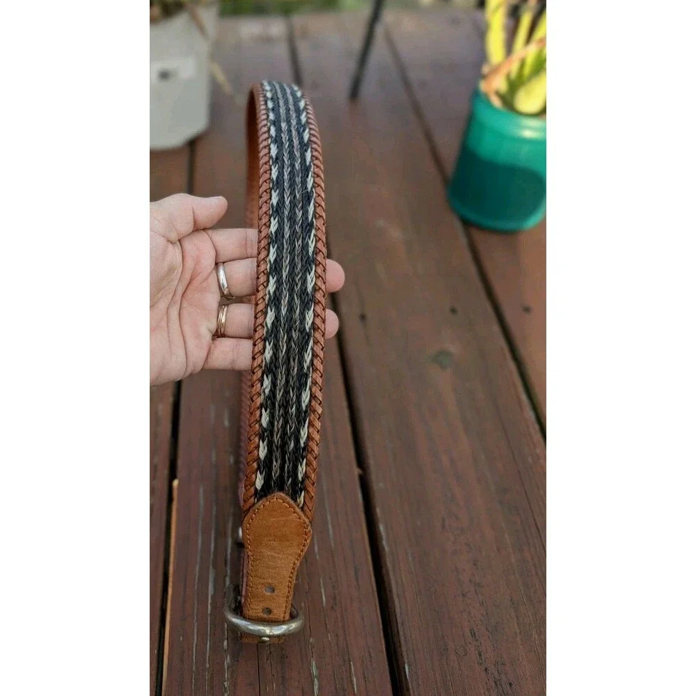 Willis & Geiger Braided Horsehair Woven Brown Leather Belt Silver Buckle 36